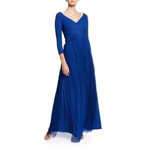 Chiara Boni V-Neck 3/4-Sleeve A-Line Gown with Sheer Skirt Overlay size 8